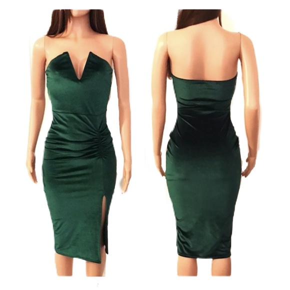 green velvet strapless dress